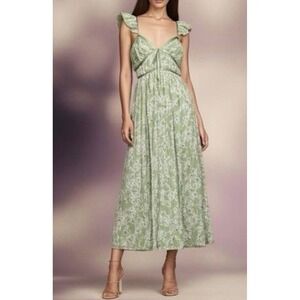 En Saison Laguna Floral Pleated Midi Dress Green Ruffle Straps SZ L